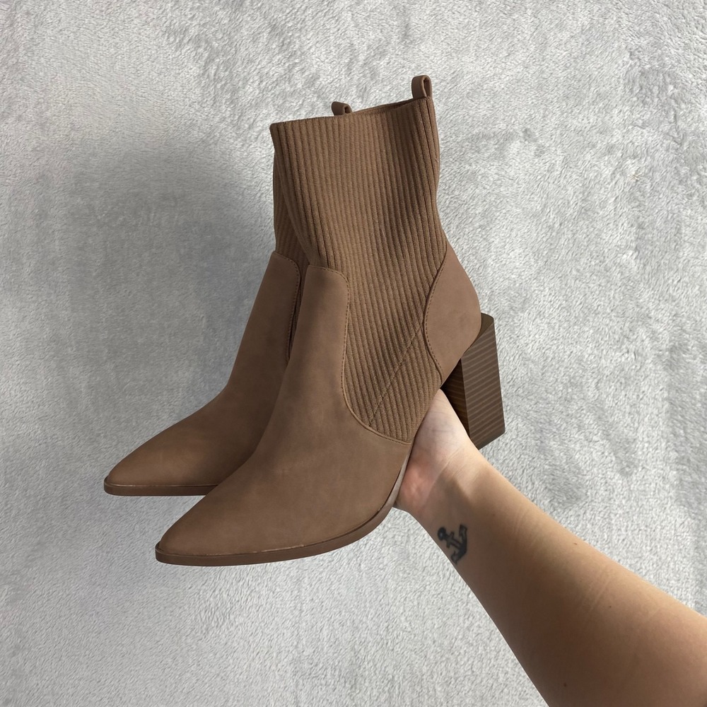 Call It Spring Tan Brown Ribbed Knit Sock Ankle Boots Pointed Toe Block Heel 9